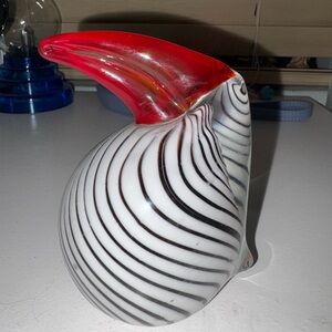 Striped Glass Bird Sculpture with Red Accent